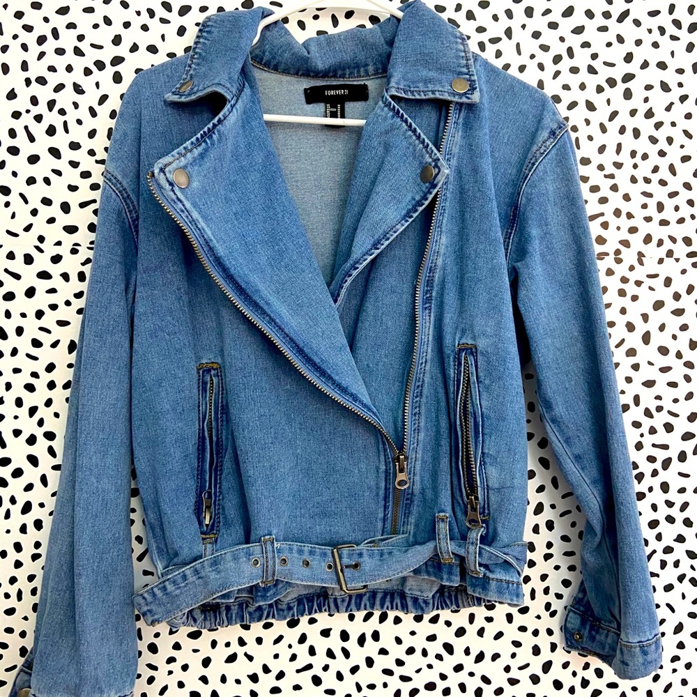 Denim jean jacket with buckle strap